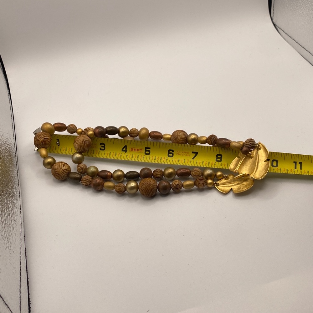 Couture Givenchy Leaf Necklace 80s Bold Faux Brown Wood Beaded GOLD TONE - Picture 7 of 8